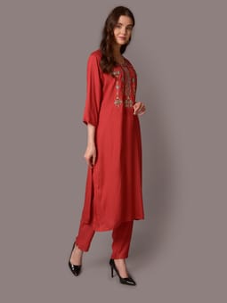 Coral Embroidered Kurta Trouser Dupatta