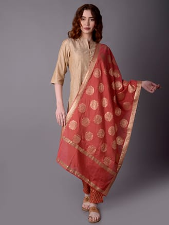 Beige Ornamental Printed Kurta Trouser Dupatta