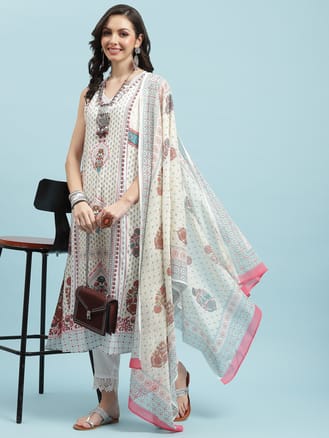 White Ornamental Printed Kurta Trouser Dupatta