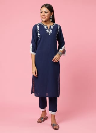Women Navy Blue Embroidered Kurta With Trouser
