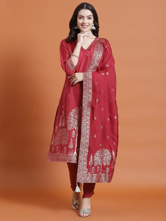 Women Maroon Printed Kurta Trouser Dupatta