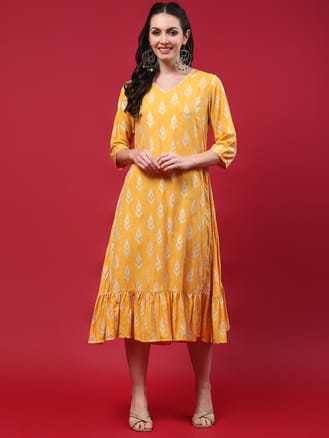 Women Yellow Ikat Print Dress