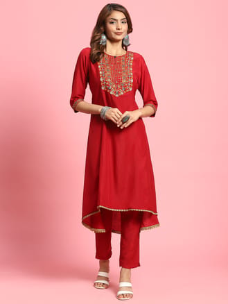 Women Red Embroidered Kurta With Trouser