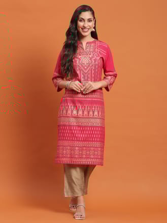 Women Fuchsia Ornamental Print Kurta