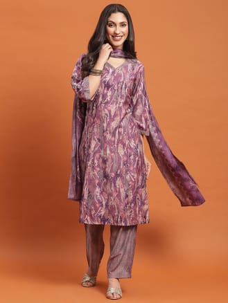 Women Purple Abstract Print Kurta Comfort Pant Dupatta