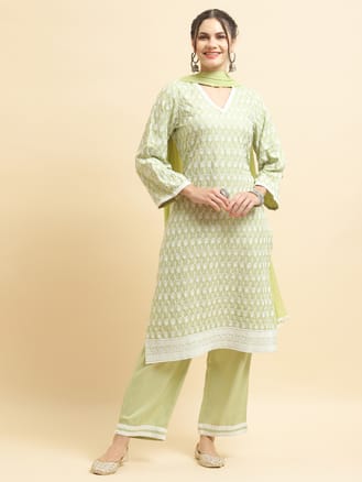 Women Liva Rayon Green Embroidered Kurta Comfort Pant Dupatta