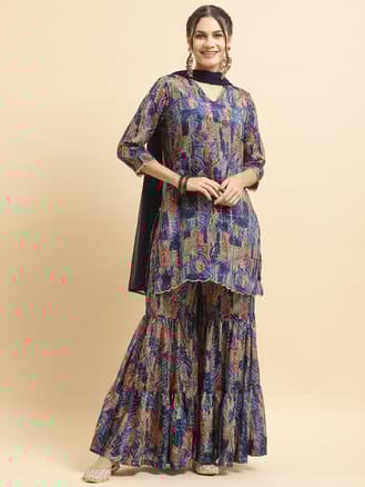 Women Chinon Blue Floral Kurta Sharara Dupatta