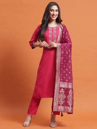 Women Fuchsia Embroidered Kurta Trouser Dupatta