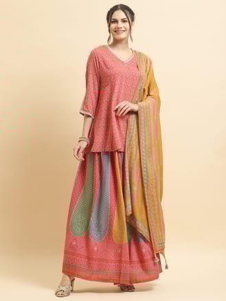 Women Muslin Pink Geometric Print Kurti Skirt Dupatta
