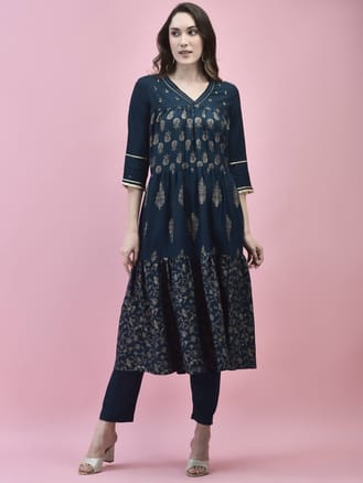 Women Poly Viscose Blue Printed Kurta With Trouser