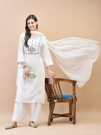 Women Liva Rayon Off White Embroidered Kurta Comfort Pant Dupatta