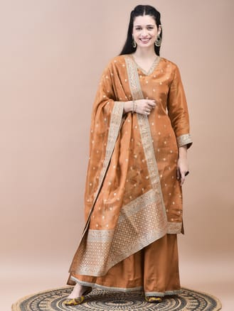 Women Jacquard Rust Solid Kurta Sharara Dupatta