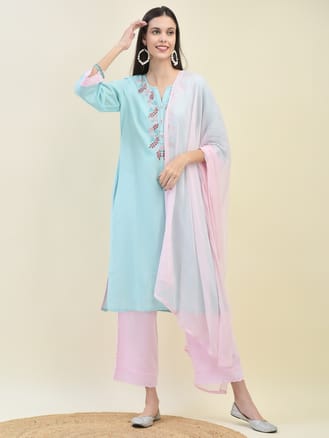 Women Liva (Rayon) Blue Kurta Comfort Pant Dupatta