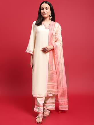 Women Liva (Rayon) Off White Embroidered Kurta Comfort Pant Dupatta