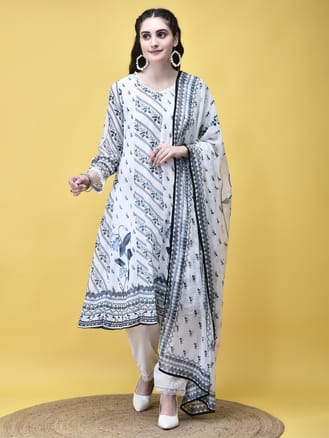 Women Georgette White Floral Print Kurta Trouser Dupatta