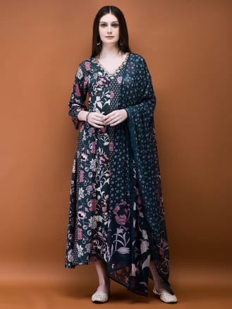 Women Liva (Rayon) Grey Floral Print Dress With Dupatta