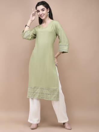 Women Liva Green Embroidered Kurta