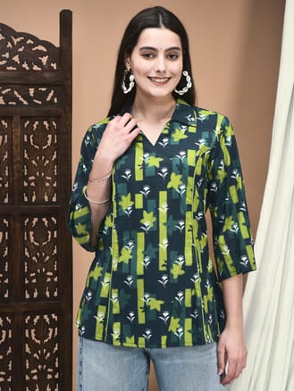 Women Cotton Green Floral Print Tunic
