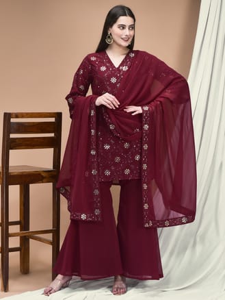 Women Georgette Purple Embroidered Kurta Sharara Dupatta