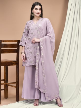 Women Georgette Lilac Embroidered Kurta Sharara Dupatta