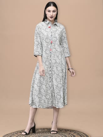 Women Cotton Off White and Blue Floral Print Dress