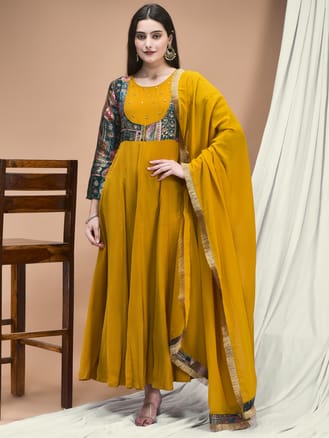 Women Jacquard Mustard Woven Dress With Dupatta