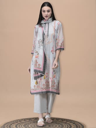Women Cotton Grey Floral Print Kurta Comfort Pant Dupatta