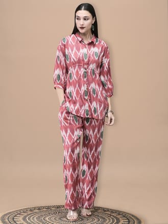 Women Liva Red Abstract Print Co-Ord Set