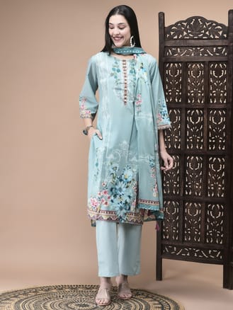 Women Cotton Blue Floral Print Kurta Comfort Pant Dupatta