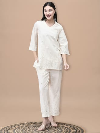 Women Cotton Off White Embroidered Co-Ord Set