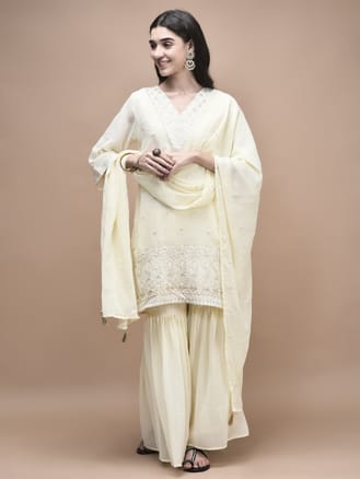 Women Georgette Off White Embroidered Kurta Sharara Dupatta