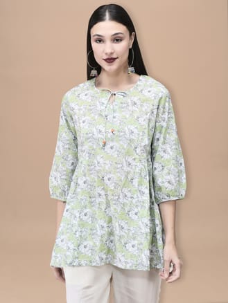 Women Cotton Green Floral Print Tunic