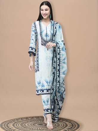 Women Liva Blue Tie Dye Print Kurta Comfort Pant Dupatta