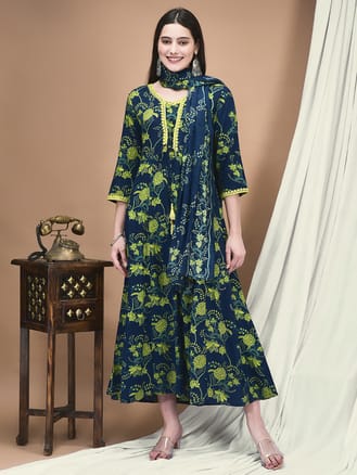 Women Liva Blue Floral Print Dress With Dupatta