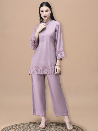 Women Poly Viscose Lilac Embroidered Co-Ord Set