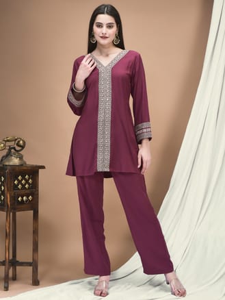 Women Poly Viscose Purple Embroidered Co-Ord Set