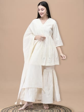 Women Cotton Off White Embroidered Kurta Sharara Dupatta
