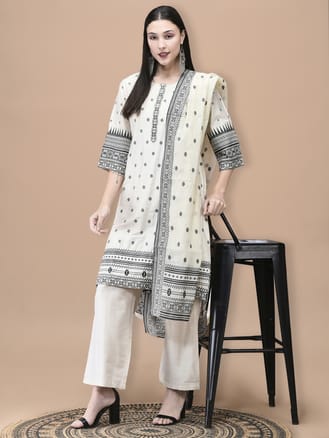 Women Silk Jacquard Beige Solid Kurta Comfort Pant Dupatta