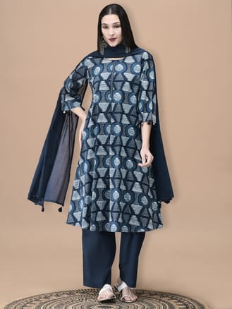 Women Cotton Indigo Geometric Print Kurta Comfort Pant Dupatta