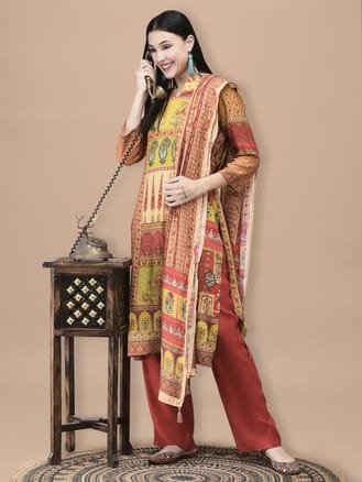 Women Liva Mustard Mughal Print Kurta Comfort Pant Dupatta