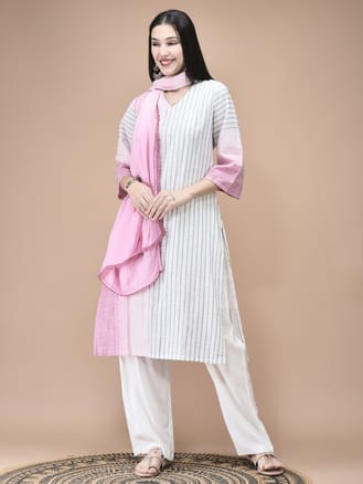 Women Cotton Off White Yarn Dyed Kurta Comfort Pant Dupatta