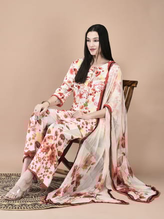 Women Liva Red and Lemon yellow Floral Print Kurta Bell Bottom pant Dupatta