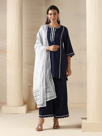 Women Liva Blue Embroidered Kurta Comfort Pant Dupatta