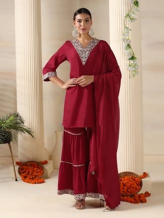 Women Poly Viscose Red Solid Kurta Sharara Dupatta