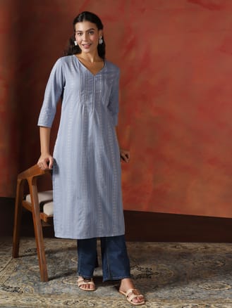 Women Cotton Blue Yarn Dyed Kurta