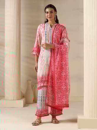 Women Liva Pink Ikat Print Kurta Comfort Pant Dupatta