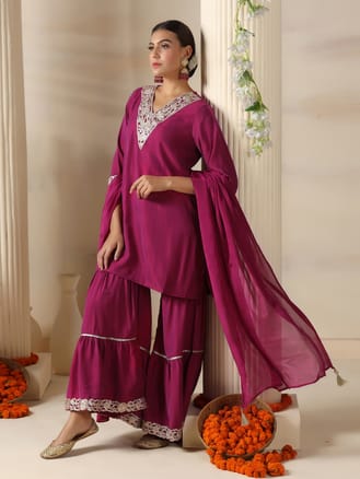 Women Poly Viscose Red Solid Kurta Sharara Dupatta