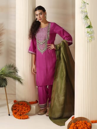 Women Chanderi Pink Embroidered Kurta Salwar Jacquard Dupatta