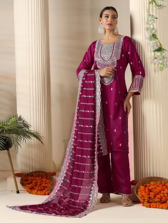 Women Satin Burgundy Embroidered Kurta Comfort Pant Dupatta