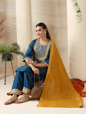 Women Chanderi Blue Embroidered Kurta Salwar Jacquard Dupatta